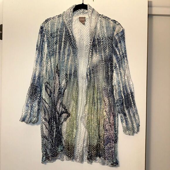 Chicos Women’s Mesh Net Blue Green White Cover Up Size 2 (Large) - Picture 1 of 12